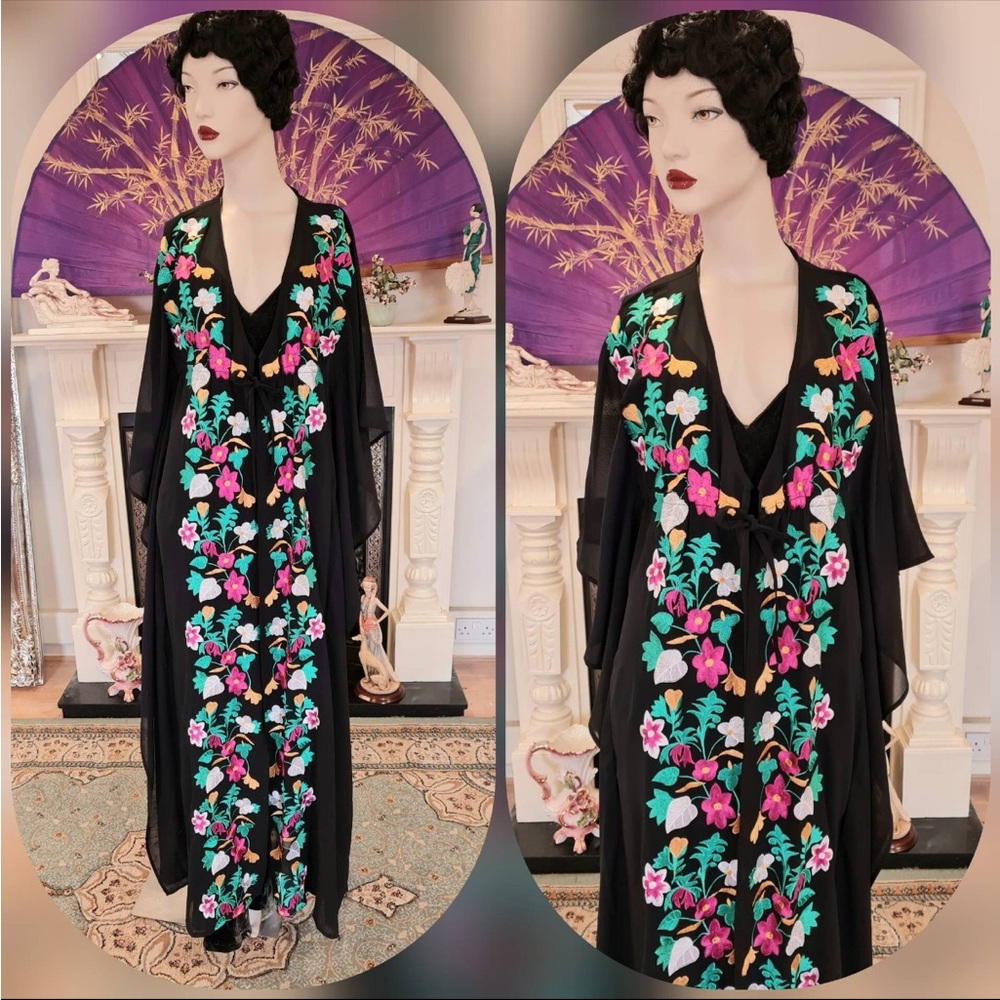 Vintage Floral Caftan Sheer Embroidered Size S/M